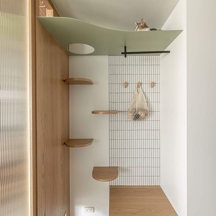 the interior of a modern home with white walls and wooden shelves