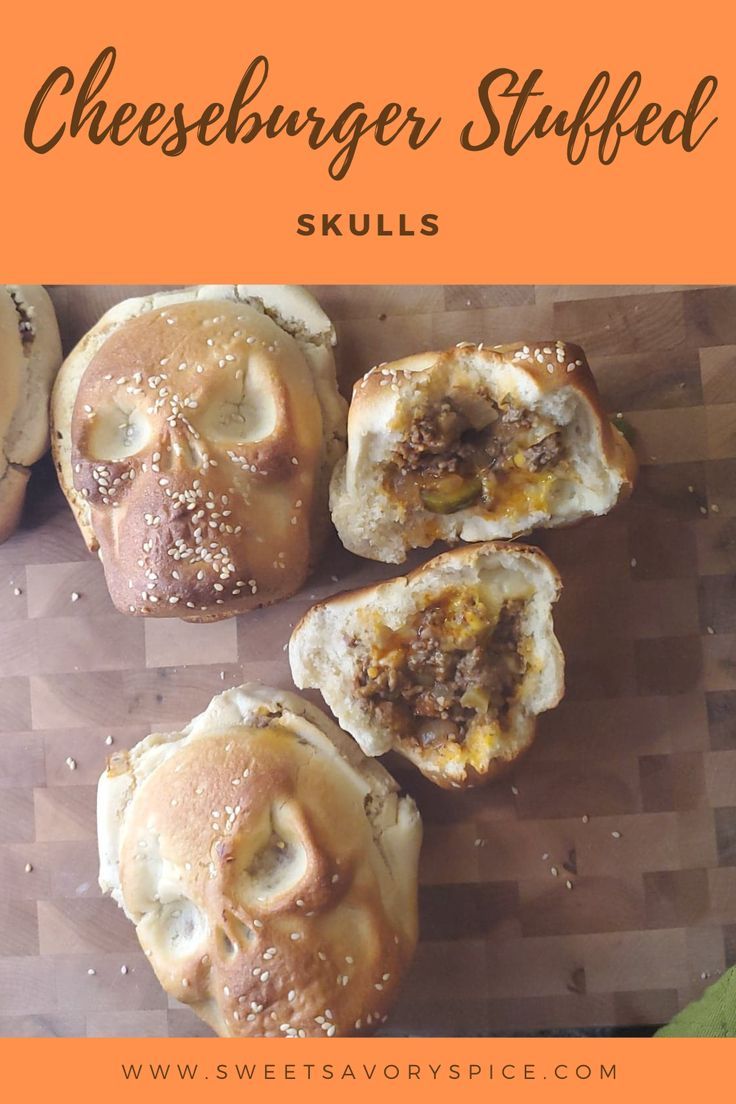 cheeseburger stuffed skulls on a cutting board with text overlay that reads, cheeseburger stuffed skills