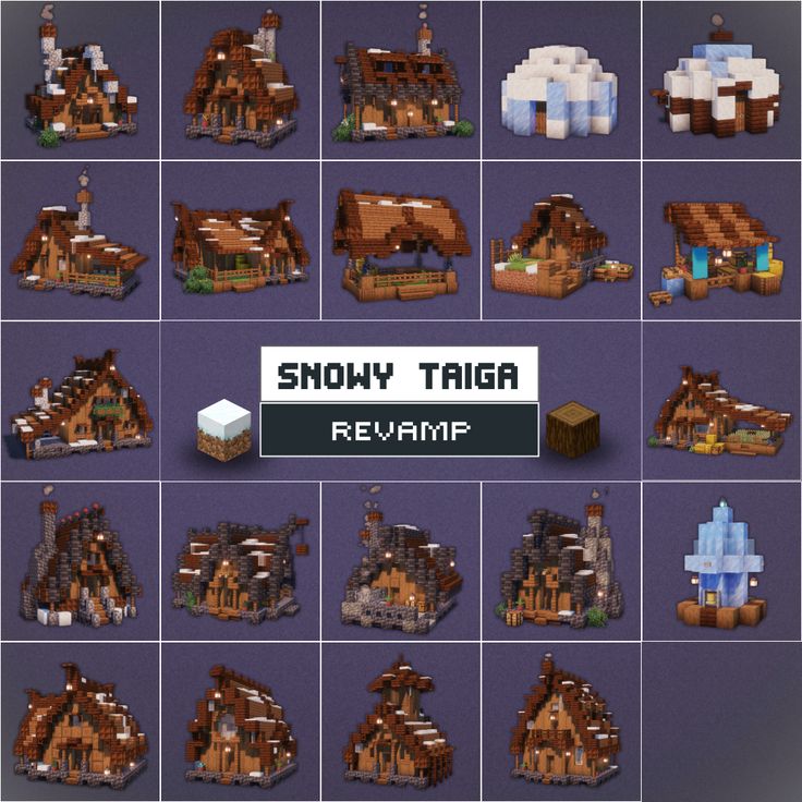 the snowy taiga map is shown in several different styles and sizes, including buildings