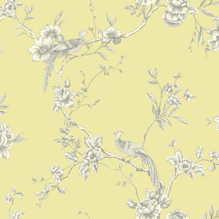 a yellow wallpaper with white flowers and birds