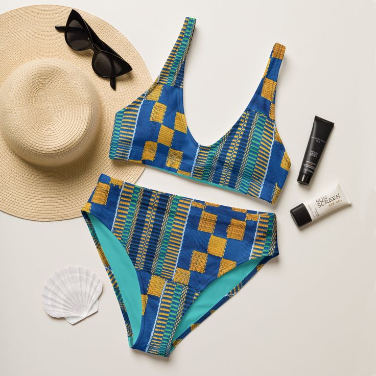 Urban African Print Bathing Suits – a bold fusion of style and culture. These swimsuits aren't just beachwear; they're a statement! Picture yourself strutting poolside or catching waves in designs that reflect you. Pop Up Shop, African Print, Blue Yellow, The Struts, Bathing Suits, High Waist, High Waisted, Yellow, Blue