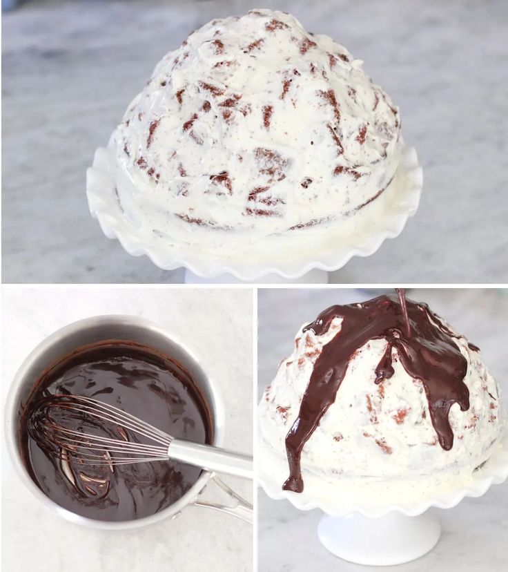 three pictures showing different types of cake with chocolate frosting