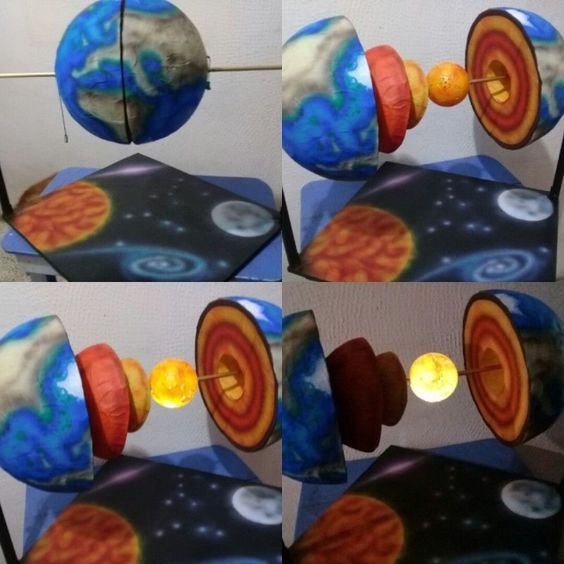 several images of the earth being made out of paper machs and magnets with lights on them