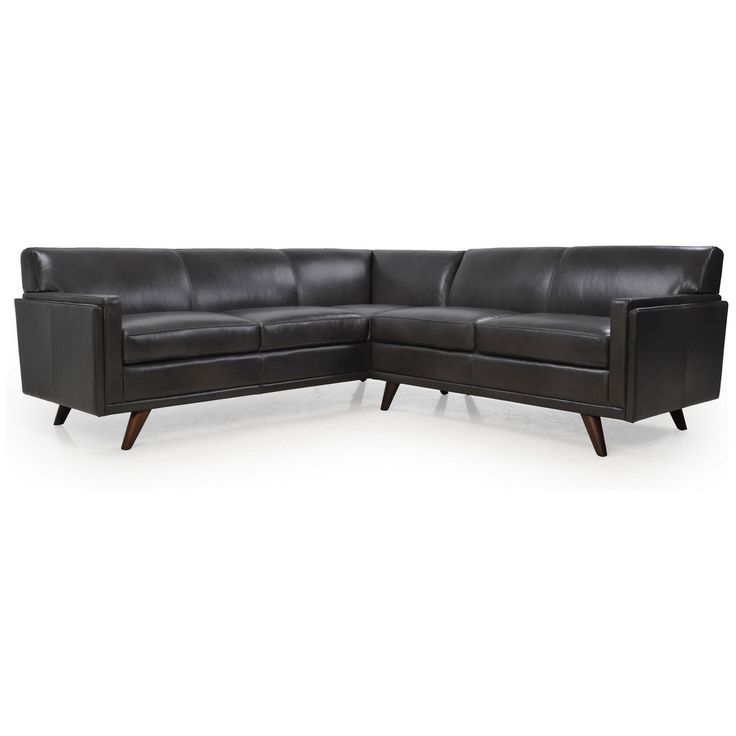 a black leather sectional sofa with wooden legs and arms on an isolated white background, viewed from the front