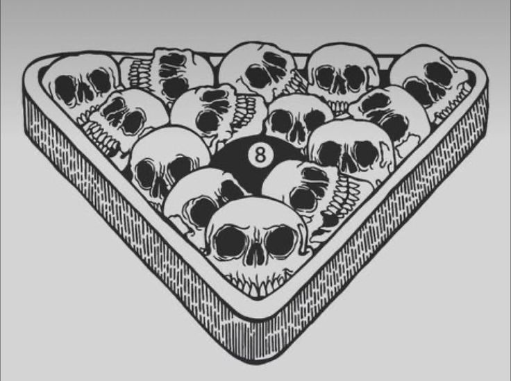 a drawing of skulls in a pyramid with the number eight on it's side