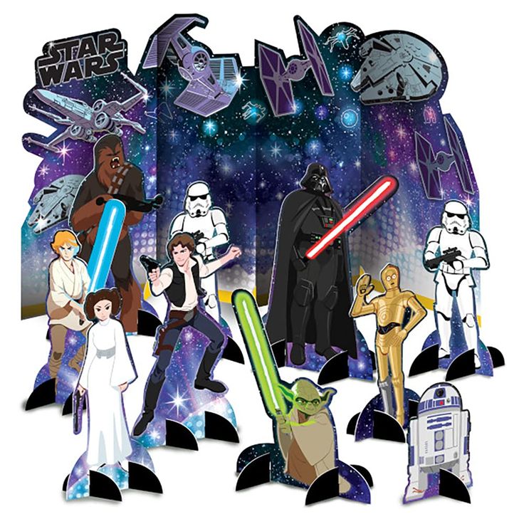 star wars cutouts are shown in front of a backdrop with the characters from various films