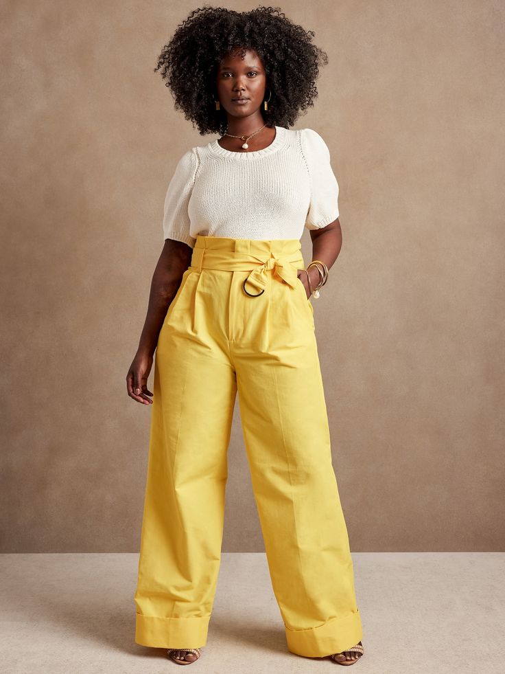 Lustrous and softly structured, this high rise pant is expertly crafted from lightweight faille fabric, cut in an exaggerated wide leg silhouette anchored by a wide, cuffed hem for commanding style.  WIDE-LEG FIT: High waisted.  Straight from waist t Wide Leg Yellow Pants Outfit, Summer Outfit Office Casual, Chic Cotton Wide Leg Pants, Chic High Waist Cotton Culottes, Yellow Pants Outfit Work Attire, Chic Cotton Straight Culottes, Chic Cotton Culottes For Work, Chic Wide Leg Cotton Culottes, Yellow High-waisted Wide Leg Pants For Work