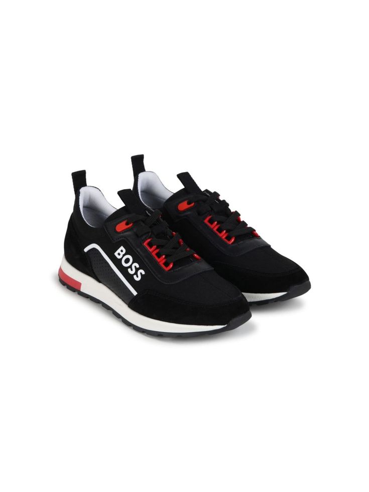 black/white/red calf leather mesh panelling logo print to the side round toe front lace-up fastening double pull-tab at the opening branded insole flat rubber sole High-top Running Shoes With Logo For Jogging, Sporty Sneakers For Light Sports With Logo, Lace-up Running Shoes For Light Sports With Logo, High-top Running Shoes With Logo, Sporty Running Shoes With Logo And Round Toe, Lace-up Sneakers With Logo Print For Running, Lace-up Running Sneakers With Logo Print, Sporty Running Shoes With Logo Print For Light Sports, Sporty Running Shoes With Round Toe And Logo