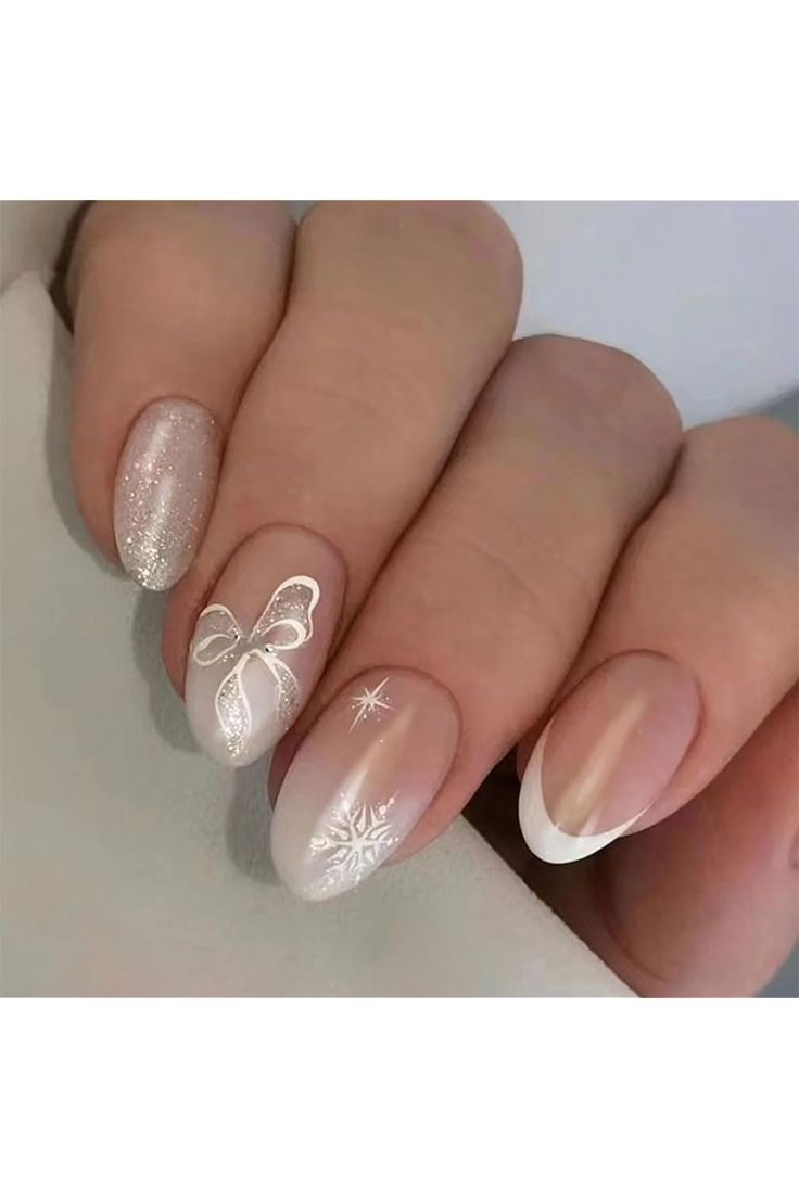 24 Pcs White French Press on Nails Short Square - Christmas Fake Nails Press Ons Bow Snowflake False Nail Tips with Glitter Powder Design Glue On Nails Artificial Acrylic Nail Kit for Women Manicure Fake Acrylic Nails, Fake Nails White, Fake Nails With Glue, Xmas Nails, Stick On Nails, Nail Accessories, Nail Kit, Holiday Nails, Nail Manicure