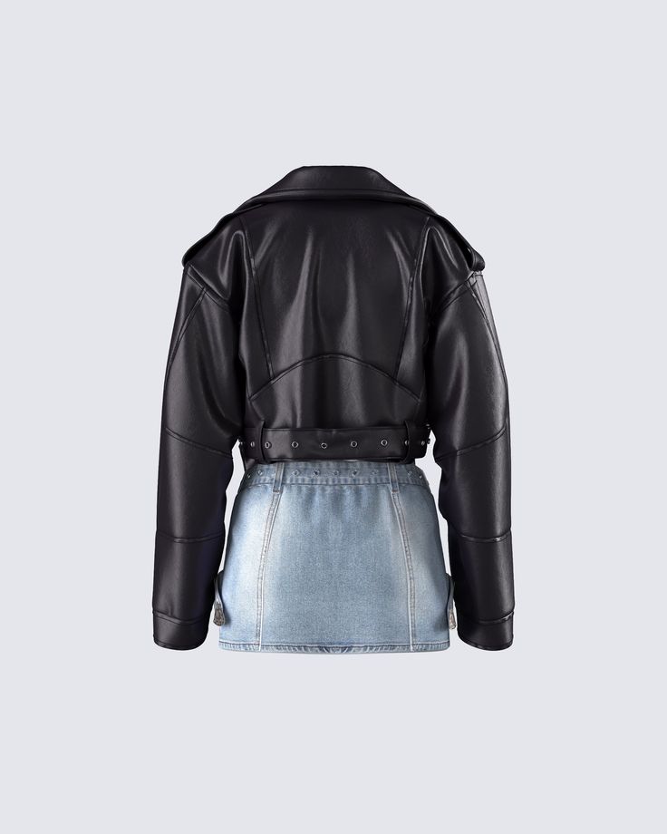 The perfect fit for asserting your dominance 😏 Take them for a wild ride in this chic and edgy three-piece set featuring a vintage black cropped jacket, a black turtleneck cropped jacket, and a denim mini skirt 🖤 Fitted Cropped Biker Outerwear, Chic Cropped Fitted Biker Jacket, Fitted Biker Cropped Jacket, Fitted Cropped Biker Jacket, Cropped Jacket For Streetwear In Fall, Fall Cropped Jacket For Streetwear, Fitted Cropped Black Biker Jacket, Edgy Cropped Fitted Biker Jacket, Casual Cropped Fitted Biker Jacket