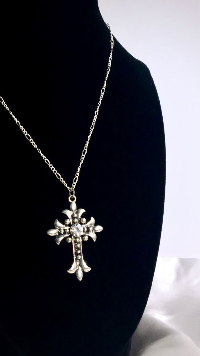 Cross necklace aesthetic simple jewelry necklaces womens alternative y2k grunge hardcore retro goth punk rock cryber jewelry earthcore softcore boho crosses chain necklace fine cross jewelry silver rhinestones jewelry metal custom handmade vintage 90s bling Blinged rhinestones cute large beaded necklace cyber punk grunge fairy y2k designs mall goth punkxkisses gothic gem chrome fairy necklace summer beaded necklace designs fairycore inspo fantasy jewelry cottage core coquette aesthetic lolita Metal Cross Necklace With Clavicle Chain, Spiritual Metal Cross Necklace, Silver Cross Necklace With Clavicle Chain, Vintage Sterling Silver Cross Necklace Gift, Metal Crucifix Cross Necklace Gift, Metal Crucifix Cross Necklace As Gift, Metal Crucifix Cross Necklace For Gift, Gothic Cross Pendant Clavicle Chain Necklace, Gothic Clavicle Chain Necklace With Cross Pendant