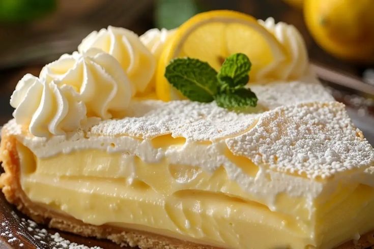 a slice of lemon pie with powdered sugar on top and fresh mint garnish