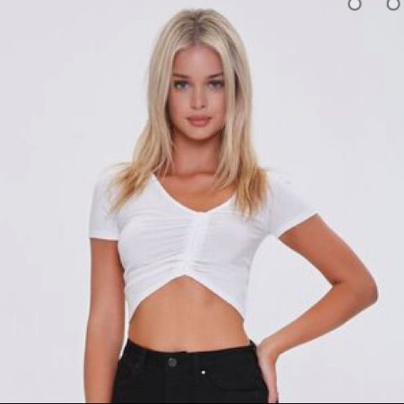 Brand New White Ruched Crop Top Trendy Ruched V-neck Top, Trendy Ruched V-neck Crop Top, Trendy Ruched Crop Top, Ruched V-neck Crop Top For Spring, Spring Ruched V-neck Crop Top, Spring V-neck Ruched Crop Top, Chic V-neck Crop Top Forever 21, Trendy V-neck Crop Top By Forever 21, Forever 21 Trendy V-neck Crop Top