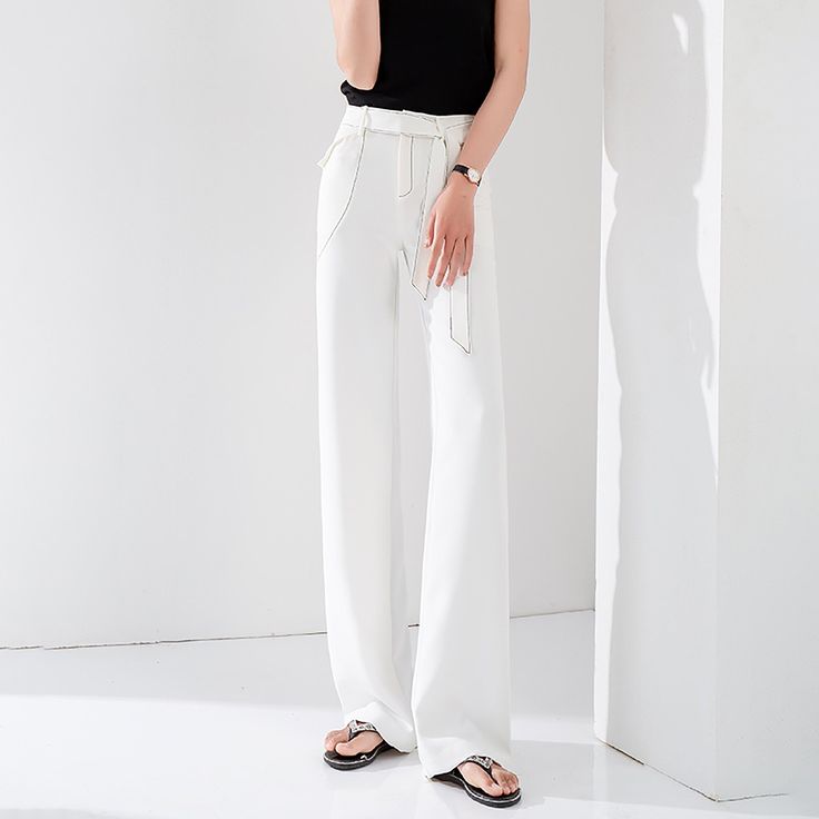 white wide leg pants Casual Wide-leg Pants With Belted Cuffs, Versatile Belted Trousers, Versatile High Waist Belted Bottoms, Casual Belted High-waisted Pants, Casual Straight Leg Belted Pants, Casual Wide Leg Belted Pants, Belted High-waisted Pants For Spring, Casual High-waisted Pants With Belted Cuffs, High Waist Belted Versatile Pants