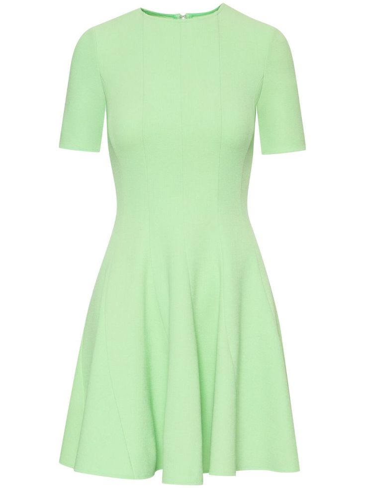 light green cashmere blend round neck short sleeves pleated skirt concealed rear zip fastening thigh-length Spring Stretch Mini Dress With Cap Sleeves, Fitted A-line Short Sleeve Dress For Spring, Green Midi Length Short Sleeve Dress, Short Sleeve Stretch Midi Dress, Fitted Green Short Sleeve Dress For Spring, Stretch Elastane Midi Dress With Short Sleeves, Fitted Midi Dress With Pleated Hem And Short Sleeves, Fitted Green Cap Sleeve Dress, Chic Green Short Sleeve Summer Dress