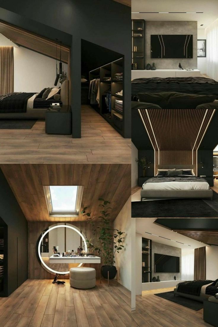 this is a collage of photos showing the interior of a bedroom and living room