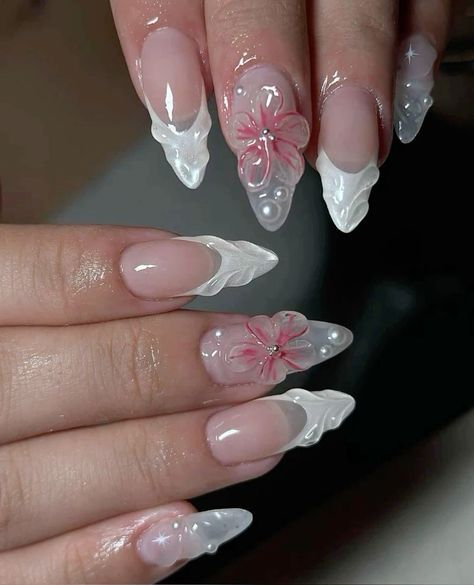 Pink Beach Nails Almond, Almond Festival Nails, Nails Acrylic Holiday Summer, Beach Almond Nails Designs, 3d Nails French Tip, Almond Shape Vacation Nails, Vacation Nail Inspo 2024 Almond, Short Almond Vacation Nails, Almond Nails 3d Designs