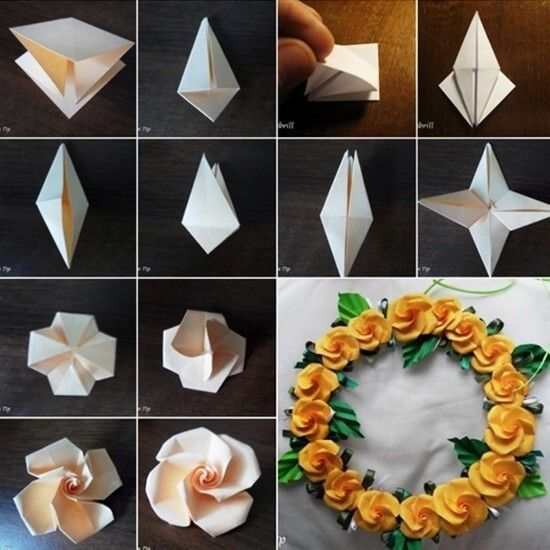 how to make an origami wreath with flowers and leaves on the outside, step by step instructions