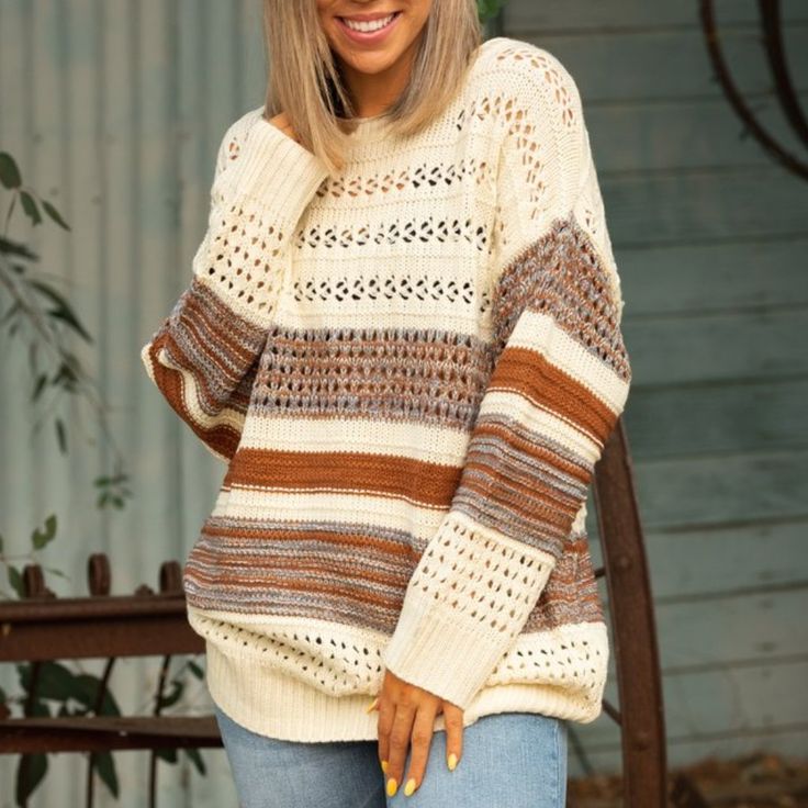 Holy Wow, This Knit Sweater Will Definitely Become The Light Of Your Life! With A Relaxed Fit, This Knit Sweater Features A Boat Neck And Long Sleeves. This Cream Color Block Stripe Sweater Has An Open Knit Design That Is Easy To Wear On Its Own Or Be Layered Up On Those Cooler Days! Length - 29" Bust - 22" Arm Length - 18 1/2" 100% Acrylic Lots Of Stretch For Search Purposes Only: Boutique Fall Clothes Winter Clothes Mom Style Women Clothes Women's Fashion Women's Layers Boutique Fashion Casual Beige Open Knit Crew Neck Sweater, Beige Chunky Knit Sweater For Layering, Cream Open Knit Sweater For Fall, White Knitted Acrylic Sweater, Cream Open Knit Top For Fall, Cozy Beige Acrylic Top, Beige Open Knit Sweater For Fall, Casual Brown Open Knit Sweater, Neutral Soft Knit Sweater