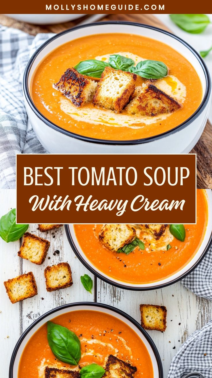 the best tomato soup with heavy cream in two bowls on a white wooden table and text overlay reads best tomato soup with heavy cream