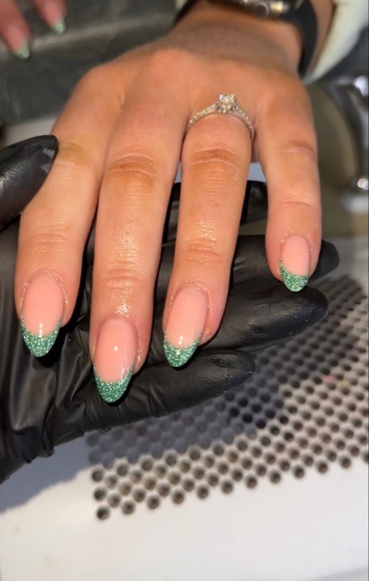 Green Sparkle Tip Nails, Simple Sparkly Nails Acrylic, Green Glitter French Tip Nails Almond, Green French Tip With Silver Line, Green Sparkly Tip Nails, Sparkle Green French Tip Nails, Glitter Emerald Green Nails, Dark Green Nails For Homecoming, Nails For Green Hoco Dress