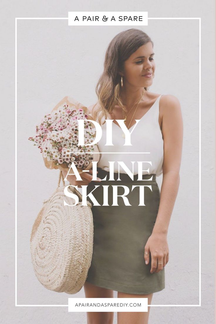 a woman holding a basket and flowers with the text diy a line skirt