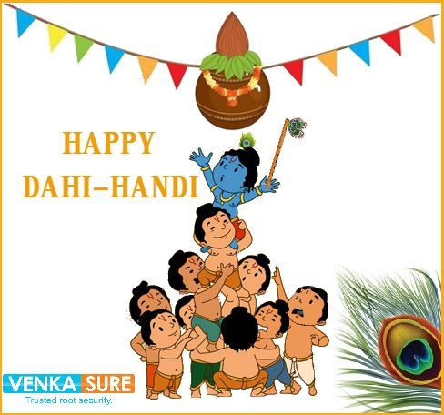 happy dahi - handii greeting card with cartoon characters and peacock feathers on white background