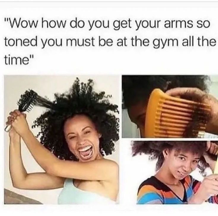 a woman is brushing her hair with a comb and smiling at the camera, while another girl has an afro hairstyle