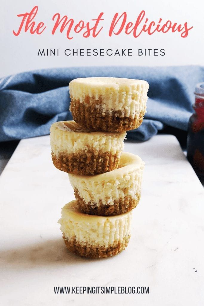 three mini cheesecake bites stacked on top of each other