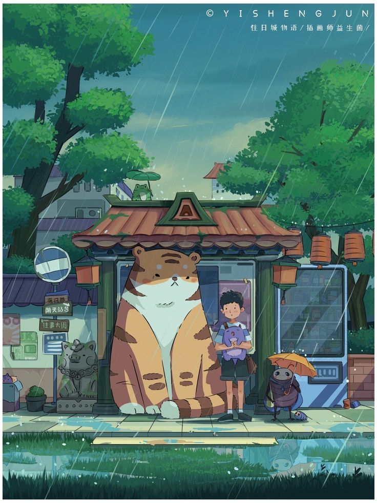 an image of people standing in front of a building with a cat statue on it