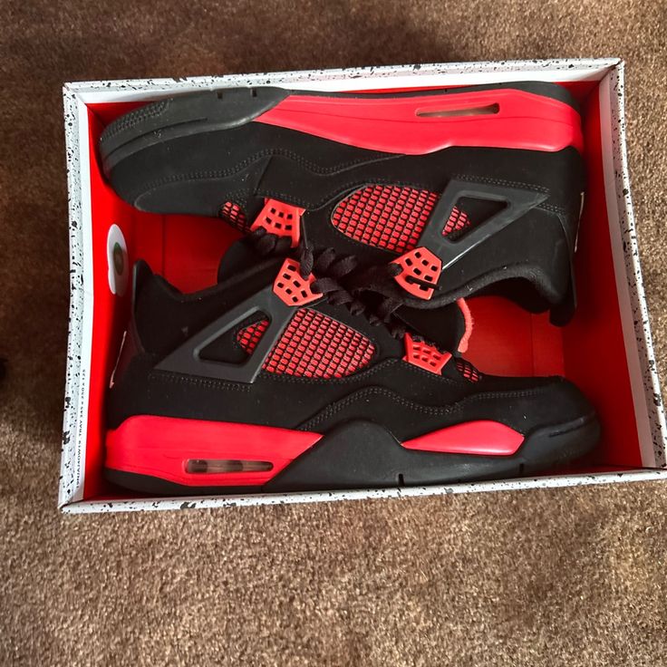 Red Thunder Jordan 4s Size 13-13.5 Barely Worn- Great Condition Red High-top Air Jordan 4 Sporty, Sporty Red High-top Air Jordan 4, Red Air Jordan 4 With Boost Midsole, Red Air Jordan 4 Sports Shoes With Round Toe, Red High-top Air Jordan 4 With Branded Insole, Red Air Jordan 4 Low-top With Red Sole, Red Low-top Air Jordan 4 Shoes, Red Low-top Air Jordan 4, Sporty Red Air Jordan 4 With Boost Midsole