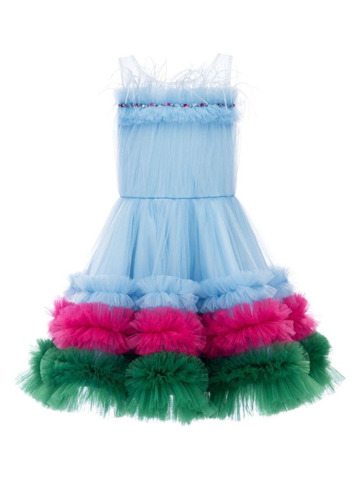 blue/pink/green tulle overlay crystal embellishment mesh detailing ruffled detailing round neck sleeveless A-line skirt Green Tulle, Ruffled Dress, Girls Party, Crystal Embellishment, Dress Blue, Granada, A Line Skirt, Ruffle Dress, Special Occasion Dresses