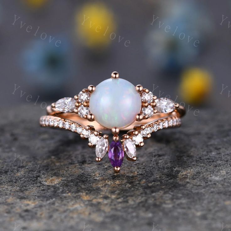 Natural opal ring,Retro white opal Engagement Ring set,Round Opal,Bridal ring set,Marquise Amethyst Moissanite Band,Art Deco Ring,CustomizedValentines Gift Material:Solid gold (10k 14k 18k rose gold,yellow gold,white gold platinum available) Opal engagement ring Main stone7mm Round cut Australian Natural White Fire Opa White Opal Engagement Ring, Opal Engagement Ring Set, Plain Gold Ring, Twig Engagement Ring, Natural Opal Ring, Moissanite Band, Opal Engagement Ring, Band Art, Opal Engagement