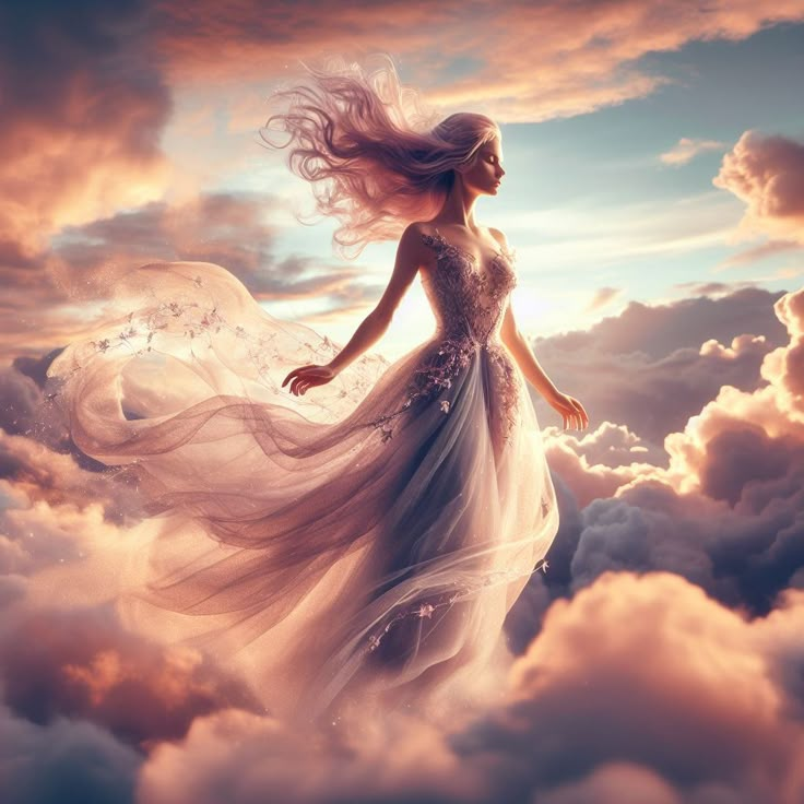 a woman in a white dress flying through the clouds with her hair blowing in the wind