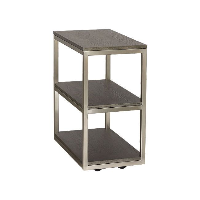 an end table with two shelves on each side and one shelf in the middle, against a white background