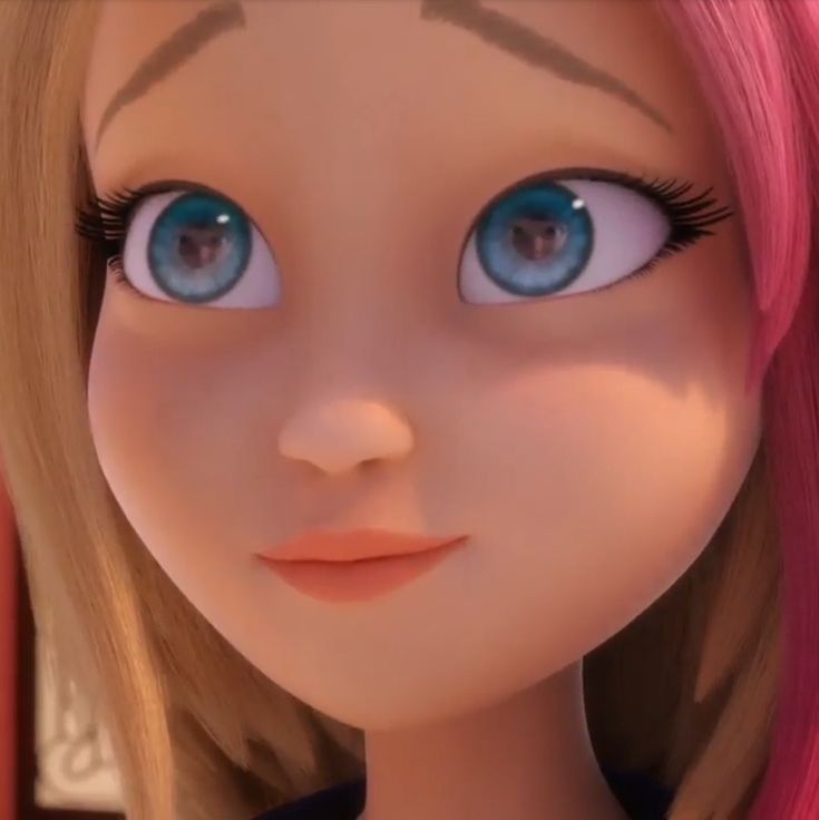 an animated doll with blue eyes and pink hair