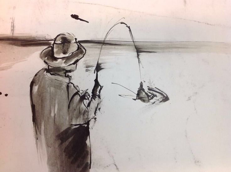 a drawing of a man standing next to a body of water holding a fishing rod