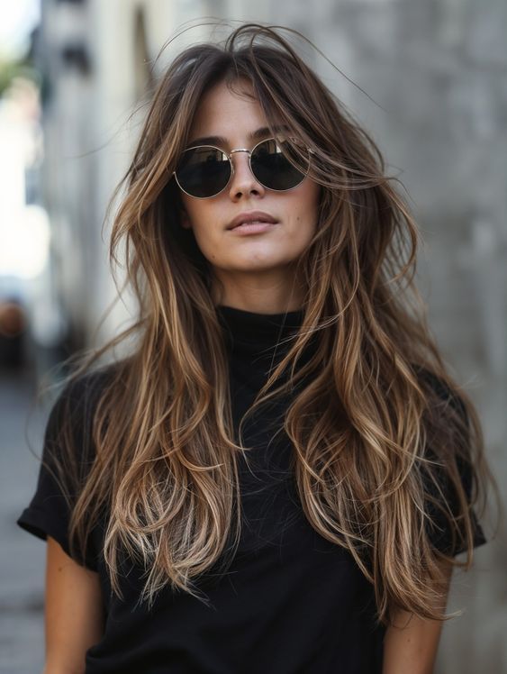 This modern summer haircut features long layers with a rich brunette base and lighter ends. The slightly messy waves add a touch of urban coolness, perfect for a city setting. Photographed on the street, the client’s black top and sunglasses enhance the edgy vibe. I’m eager to recreate this stylish and effortless look for my clients. Rambut Brunette, Edgy Haircuts, Summer Haircuts, Brunette Color, Long Layered Hair, Long Hair Cuts, Brunette Hair, Layered Haircuts, Layered Hair