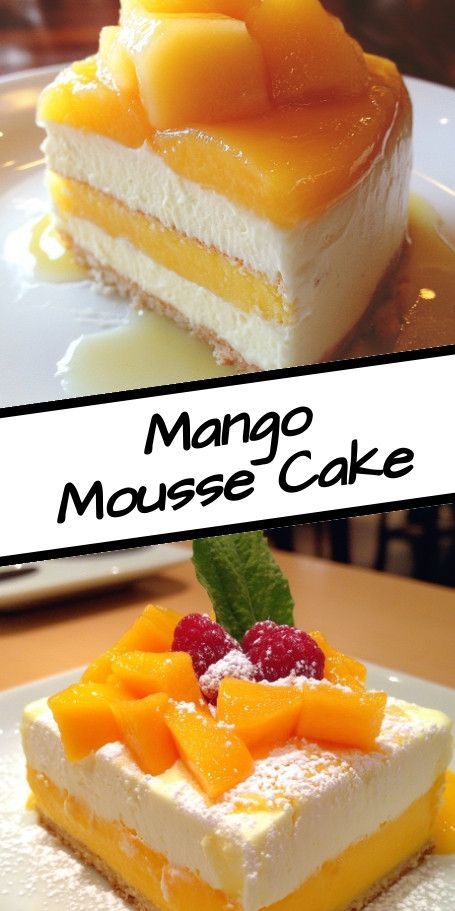 a piece of mango mousse cake on a plate