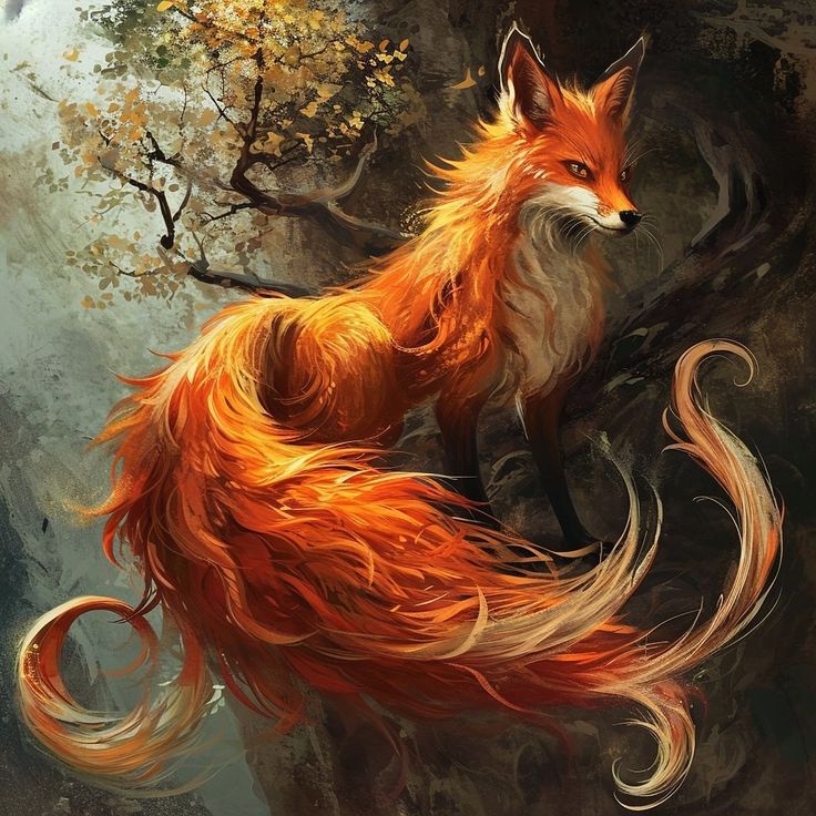 a painting of a fox sitting on a tree branch