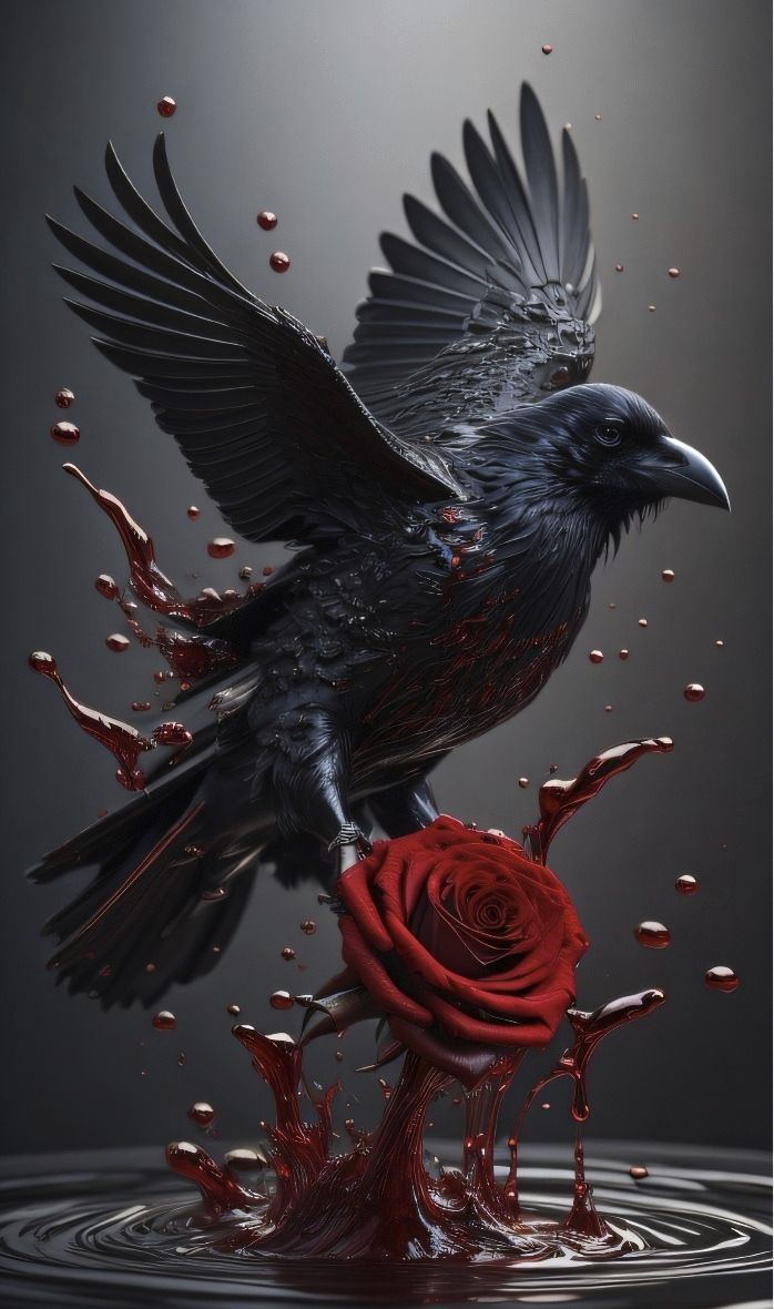 a black bird sitting on top of a red rose with water droplets falling around it