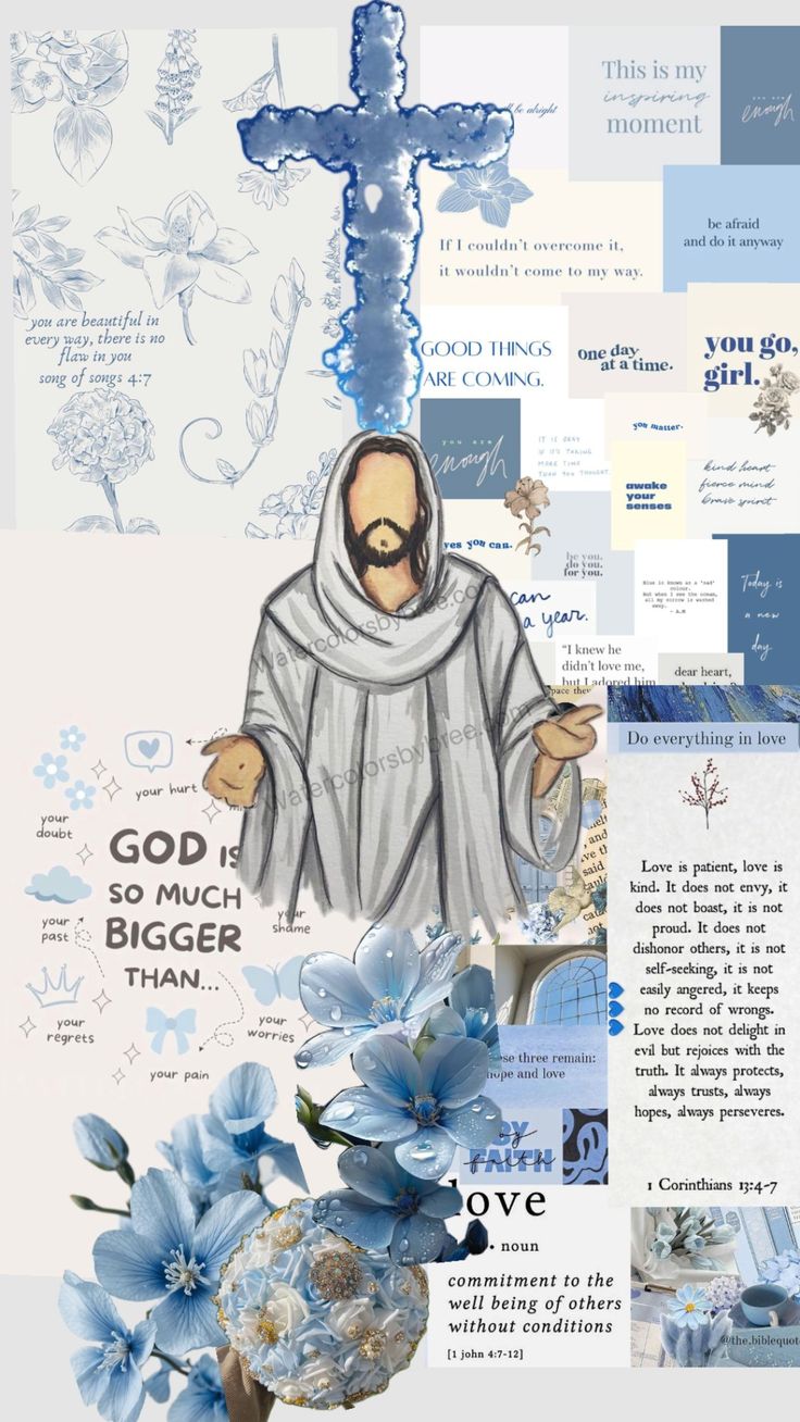 a collage with blue flowers and the words god is bigger than