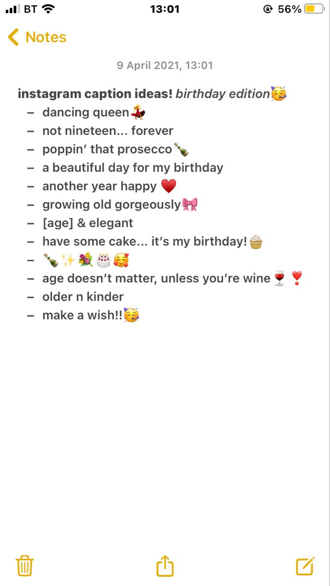 an iphone screen with the text instagram caption idea birthday edittion on it