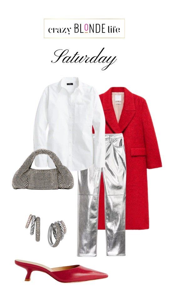 Red Blouse White Pants Outfit, Red And Silver Outfit Ideas, Red And White Holiday Outfit, Silver Metallic Shoes Outfit, Silver Bag Outfit Ideas, Silver And Red Outfit, Silver Pants Outfit Casual, How To Style Red Pants, Red And Silver Outfit