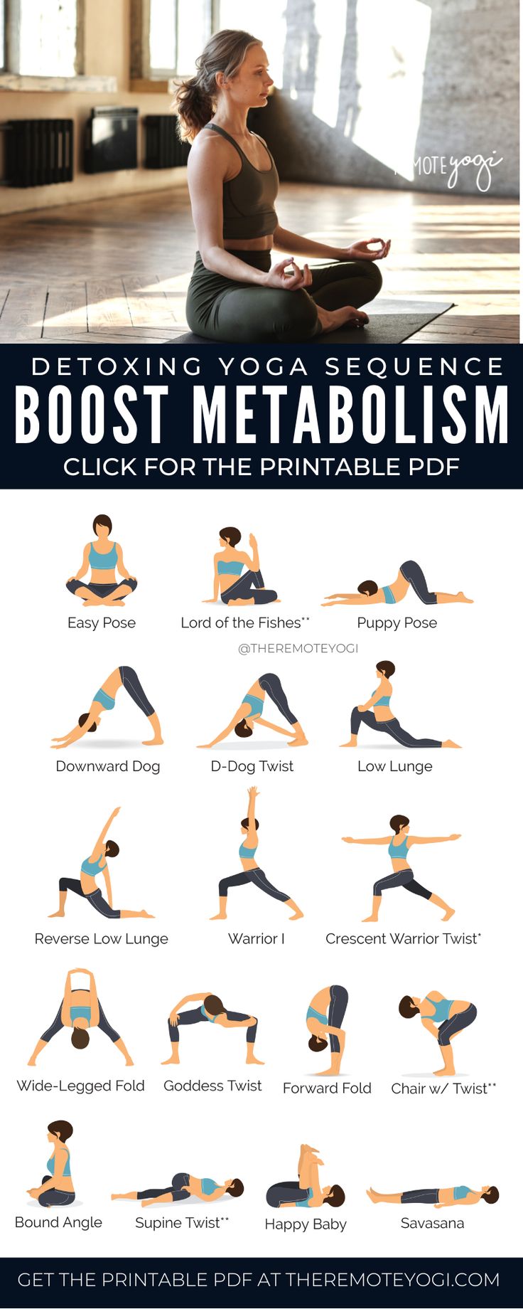 a woman doing yoga poses with the text, detoxing yoga sequence boast metabolism click for the printable guide