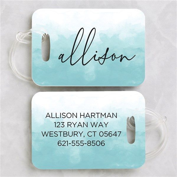 Personalize with any name in choice colorPersonalize the back with any 4 lines of text for identificationSold as a set of 2 bag tags Bag tag measures 2.75" x 4"Includes commercial grade straps, which can be adjusted to fit almost any type of luggage, sports bag, and moreMade in the USA Travel in personalized style with our Watercolor Name Personalized Luggage Tag 2 Pc Set. Bag Tag Design, Watercolor Name, Travel Bag Tag, Travel Tags, Personalized Luggage, Pastel Watercolor, Light Teal, Bag Tag, Tag Design