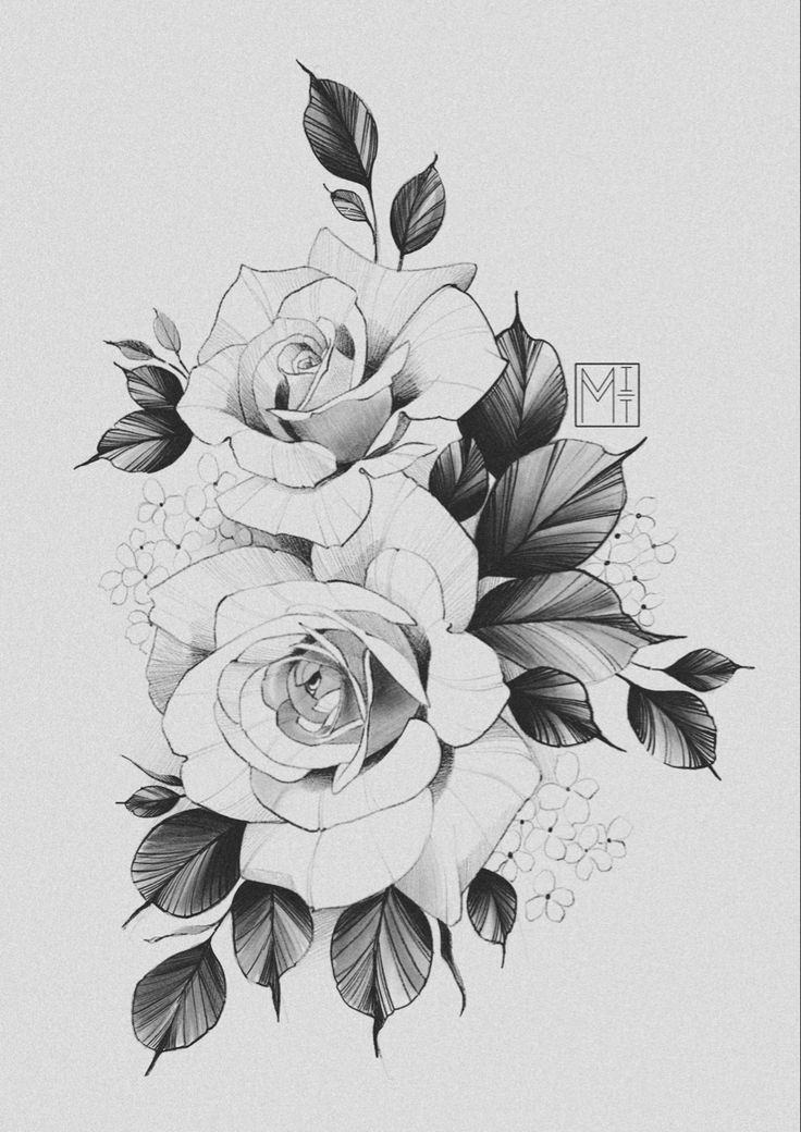 a black and white drawing of flowers with leaves on the bottom half of each flower