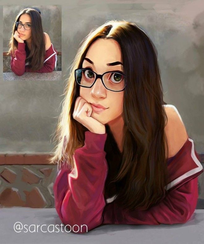 a painting of a girl with glasses looking at the camera