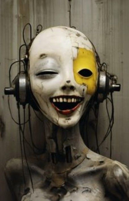 a creepy looking woman with headphones on her ears and face painted white, yellow and gray