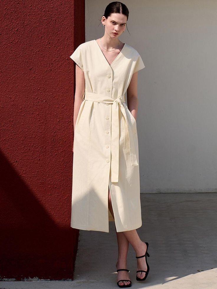 Composition : COTTON 64%, POLYESTER 33%, SPAN 3%Country of Origin : KOREA Casual A-line Belted Dress For Spring, Spring A-line Dress With Belt, Spring V-neck Belted Work Dress, V-neck Belted Office Dresses, Fitted Beige Belted Summer Dress, Beige Belted Dress For Spring Daywear, Spring Beige Belted Dress With Tie Waist, Fitted Beige Belted Dress For Summer, Spring Beige Belted Dress For Daywear